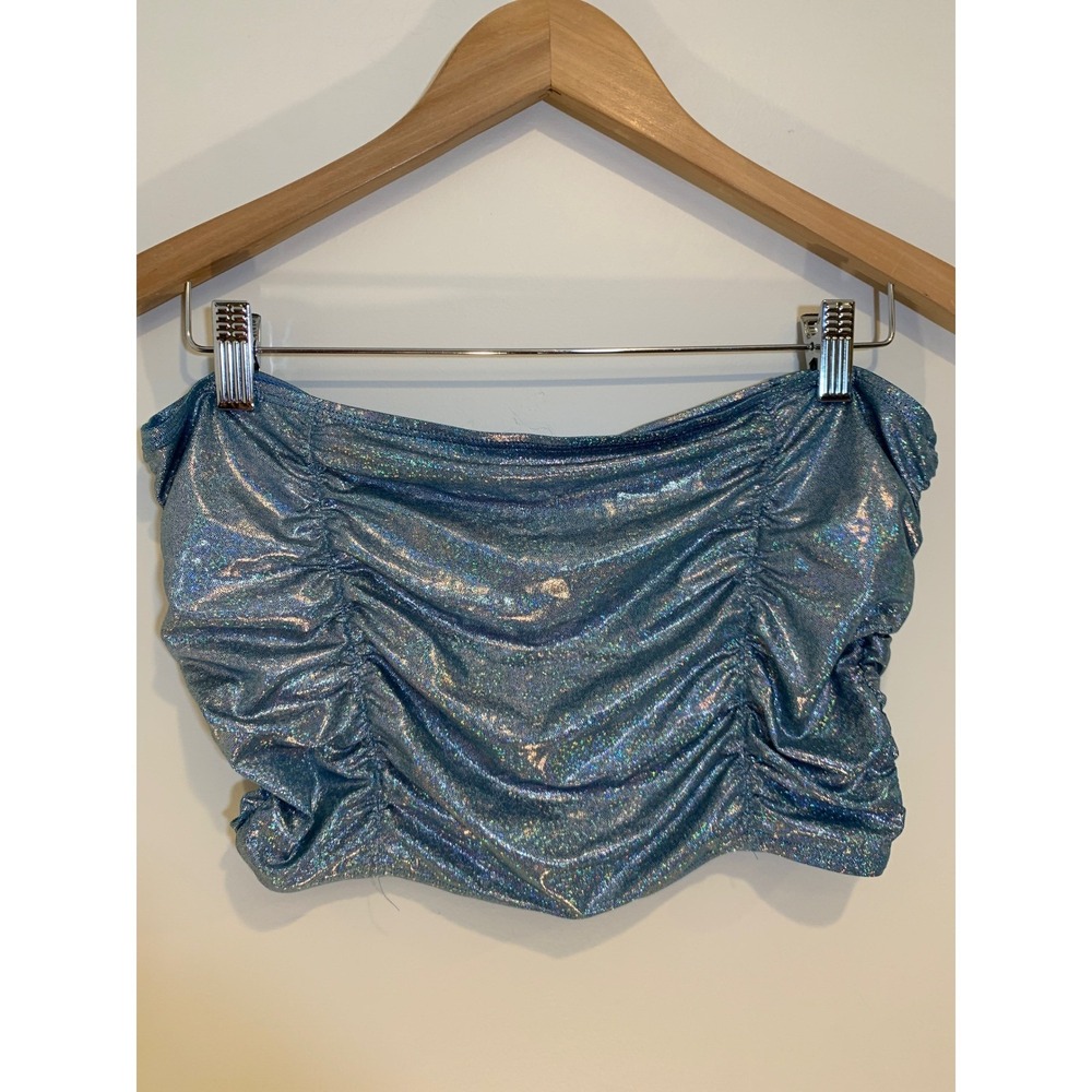 Mermaid Blue Holographic Ruched Tube Top Small‎ Metallic Festival Rave Womens - Picture 4 of 6